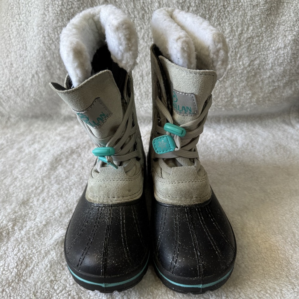 Magellan Girls Winter Snow Boots Size 2 Gray Black Suede Faux Fur Collar
